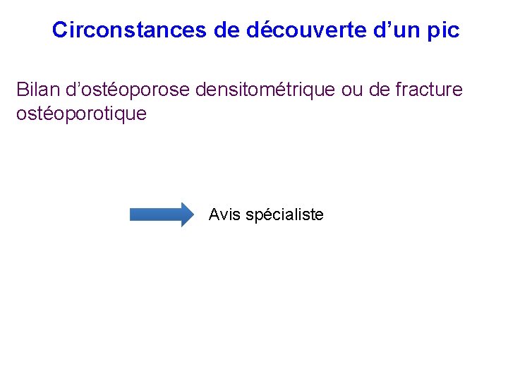 Circonstances de découverte d’un pic Bilan d’ostéoporose densitométrique ou de fracture ostéoporotique Avis spécialiste