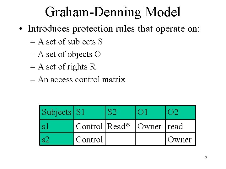 Graham-Denning Model • Introduces protection rules that operate on: – A set of subjects