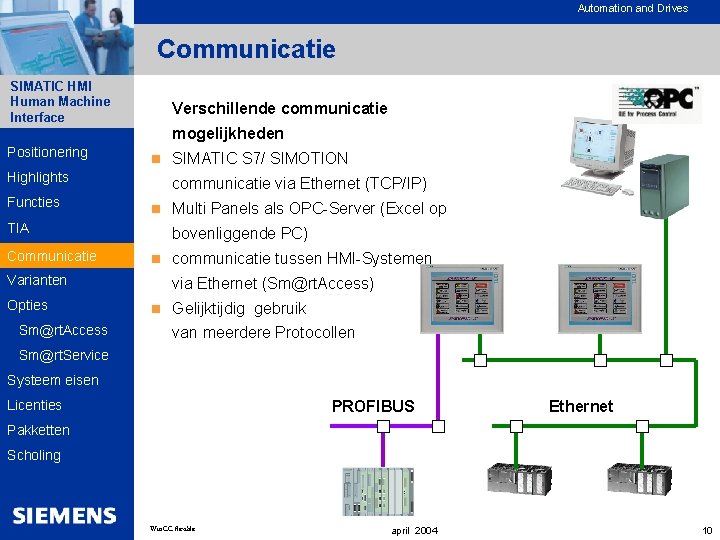 Automation and Drives Communicatie SIMATIC HMI Human Machine Interface Positionering Verschillende communicatie mogelijkheden n