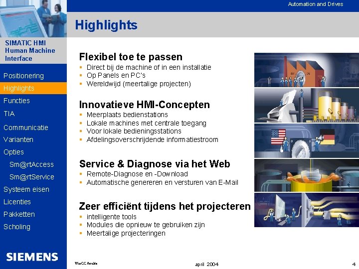 Automation and Drives Highlights SIMATIC HMI Human Machine Interface Positionering Highlights Functies TIA Communicatie