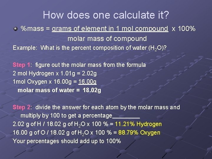 How does one calculate it? %mass = grams of element in 1 mol compound