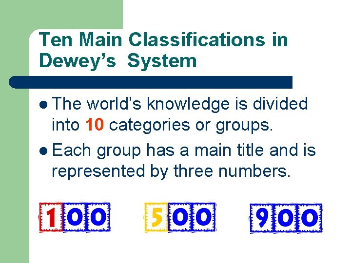 Ten Main Classifications in Dewey’s System l The world’s knowledge is divided into 10 Ten Main Classifications in Dewey’s System l The world’s knowledge is divided into 10