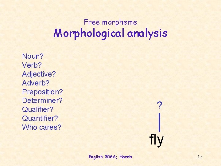 Free morpheme Morphological analysis Noun? Verb? Adjective? Adverb? Preposition? Determiner? Qualifier? Quantifier? Who cares?