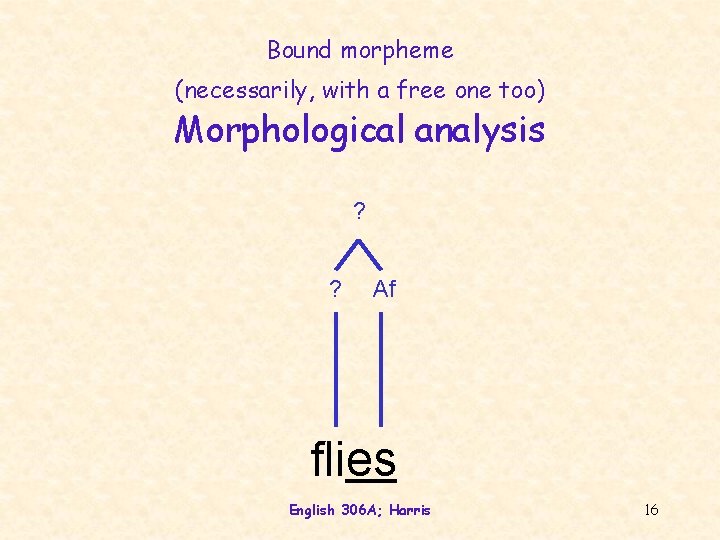Bound morpheme (necessarily, with a free one too) Morphological analysis ? ? Af flies