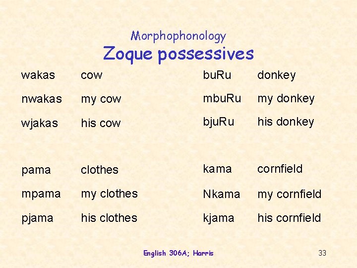 Morphophonology Zoque possessives wakas cow bu. Ru donkey nwakas my cow mbu. Ru my