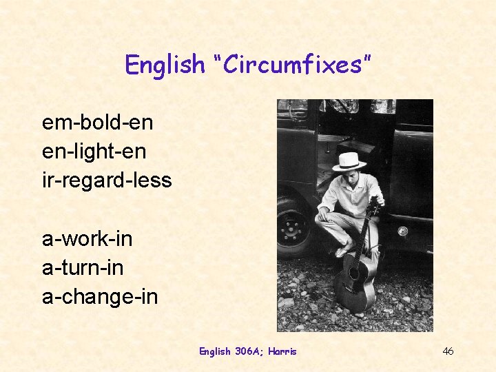 English “Circumfixes” em-bold-en en-light-en ir-regard-less a-work-in a-turn-in a-change-in English 306 A; Harris 46 