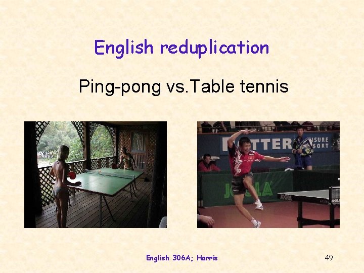 English reduplication Ping-pong vs. Table tennis English 306 A; Harris 49 