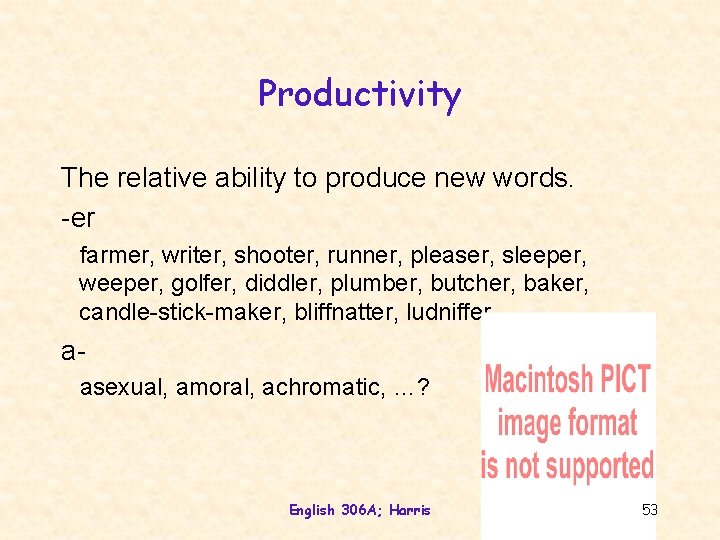 Productivity The relative ability to produce new words. -er farmer, writer, shooter, runner, pleaser,