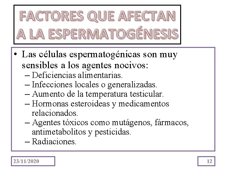 FACTORES QUE AFECTAN A LA ESPERMATOGÉNESIS • Las células espermatogénicas son muy sensibles a