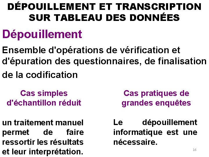 DÉPOUILLEMENT ET TRANSCRIPTION SUR TABLEAU DES DONNÉES Dépouillement Ensemble d'opérations de vérification et d'épuration