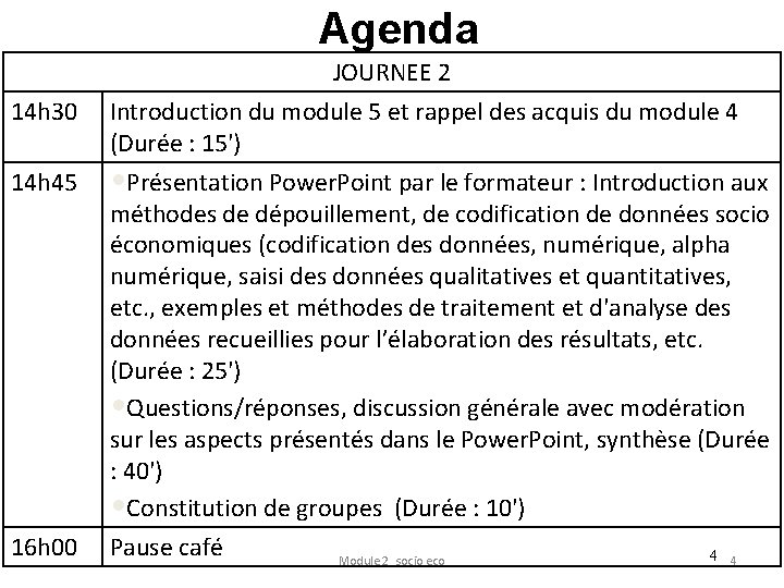 Agenda JOURNEE 2 14 h 30 14 h 45 16 h 00 Introduction du