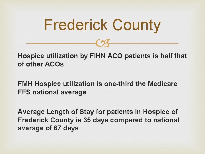 Frederick County Hospice utilization by FIHN ACO patients is half that of other ACOs