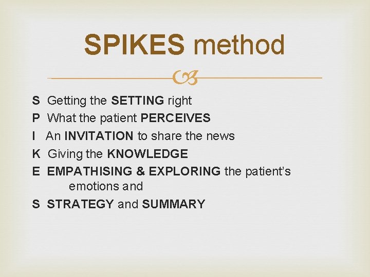 SPIKES method S P I K E Getting the SETTING right What the patient