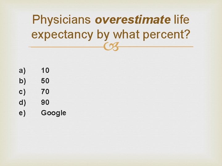 Physicians overestimate life expectancy by what percent? a) b) c) d) e) 10 50