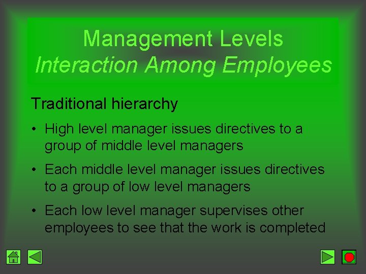 Management Levels Interaction Among Employees Traditional hierarchy • High level manager issues directives to