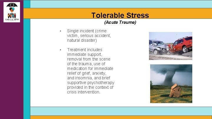 Tolerable Stress (Acute Trauma) • Single incident (crime victim, serious accident, natural disaster) •