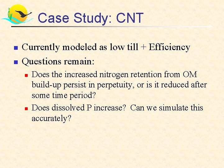Case Study: CNT n n Currently modeled as low till + Efficiency Questions remain: