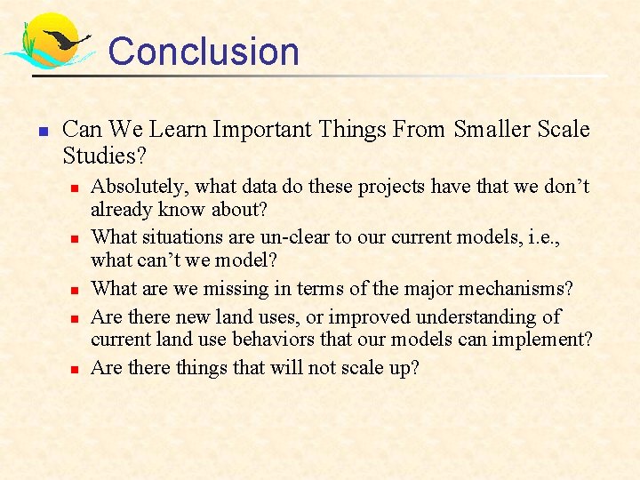 Conclusion n Can We Learn Important Things From Smaller Scale Studies? n n n
