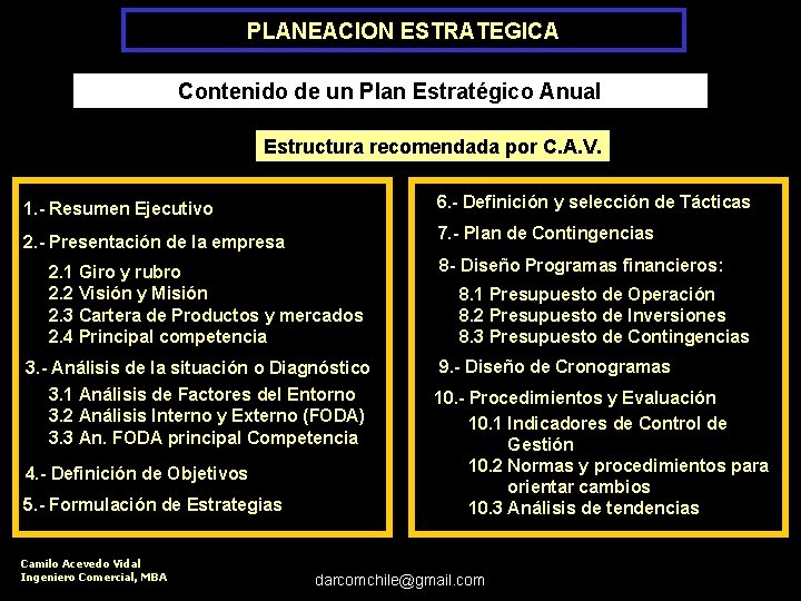 PLANEACION ESTRATEGICA Contenido de un Plan Estratégico Anual Estructura recomendada por C. A. V.