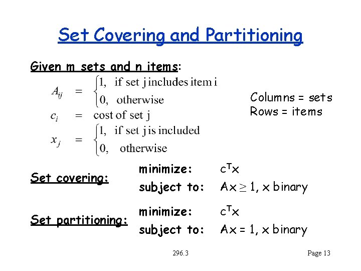 Set Covering and Partitioning Given m sets and n items: Columns = sets Rows