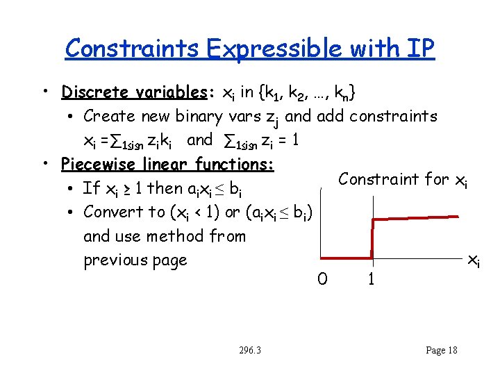 Constraints Expressible with IP • Discrete variables: xi in {k 1, k 2, …,