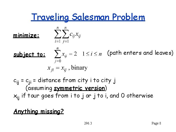 Traveling Salesman Problem minimize: (path enters and leaves) subject to: cij = cji =