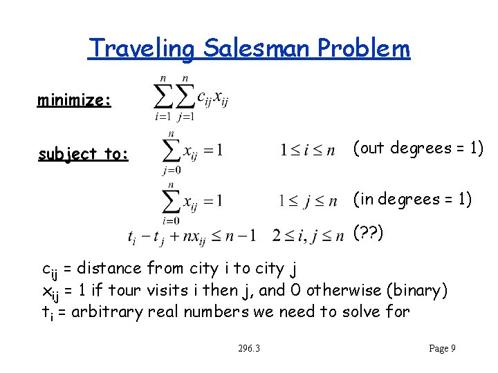 Traveling Salesman Problem minimize: (out degrees = 1) subject to: (in degrees = 1)