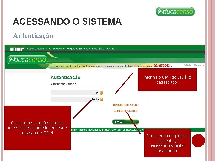 ACESSANDO O SISTEMA Autenticação Informe o CPF do usuário cadastrado. Os usuários que já ACESSANDO O SISTEMA Autenticação Informe o CPF do usuário cadastrado. Os usuários que já