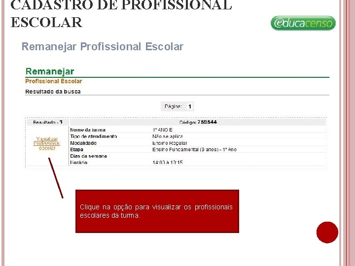 CADASTRO DE PROFISSIONAL ESCOLAR Remanejar Profissional Escolar Clique na opção para visualizar os profissionais CADASTRO DE PROFISSIONAL ESCOLAR Remanejar Profissional Escolar Clique na opção para visualizar os profissionais