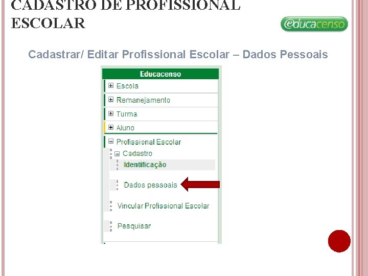 CADASTRO DE PROFISSIONAL ESCOLAR Cadastrar/ Editar Profissional Escolar – Dados Pessoais CADASTRO DE PROFISSIONAL ESCOLAR Cadastrar/ Editar Profissional Escolar – Dados Pessoais