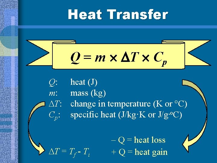 Heat Transfer Q = m T Cp Q: m: T: Cp: heat (J) mass