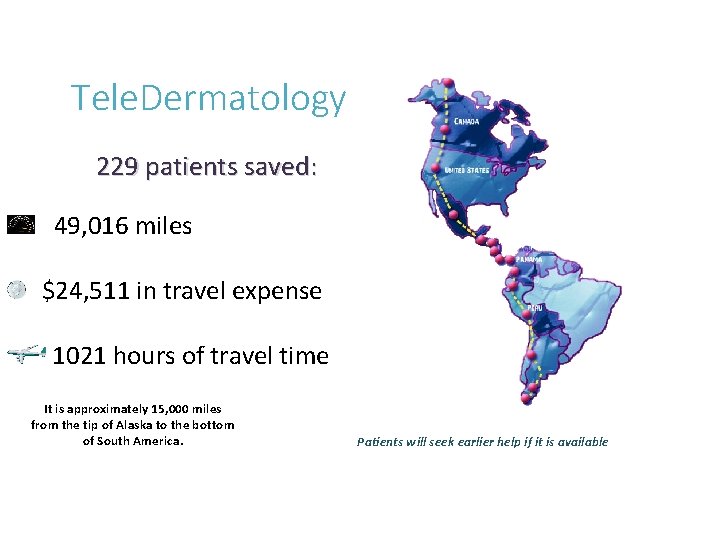 Tele. Dermatology 229 patients saved: 49, 016 miles $24, 511 in travel expense 1021 Tele. Dermatology 229 patients saved: 49, 016 miles $24, 511 in travel expense 1021