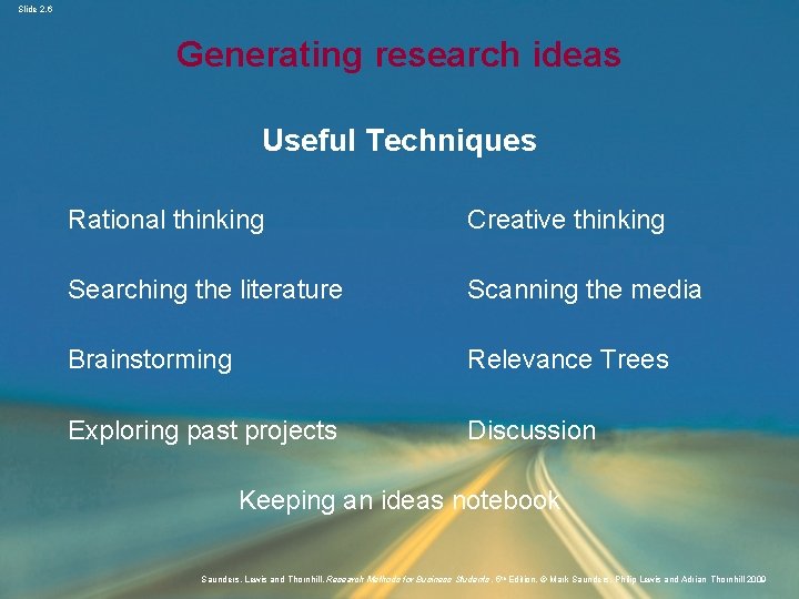 Slide 2. 6 Generating research ideas Useful Techniques Rational thinking Creative thinking Searching the