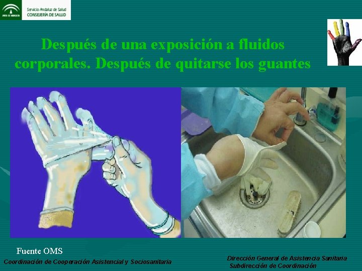 Después de una exposición a fluidos corporales. Después de quitarse los guantes Fuente OMS