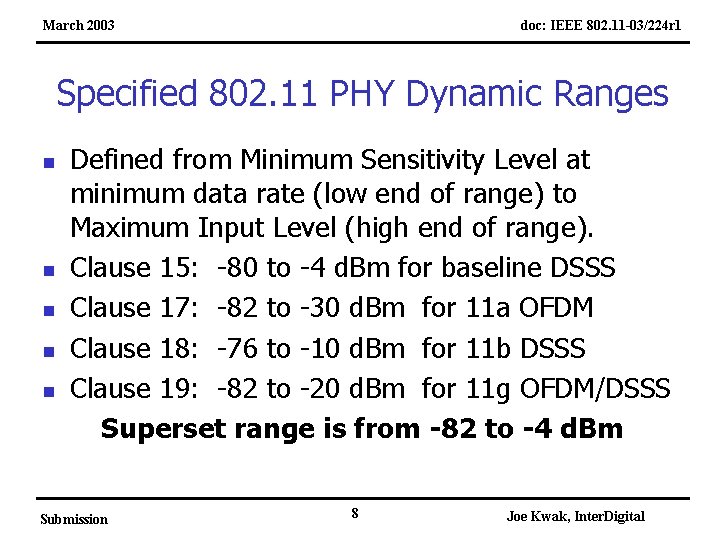 March 2003 doc: IEEE 802. 11 -03/224 r 1 Specified 802. 11 PHY Dynamic