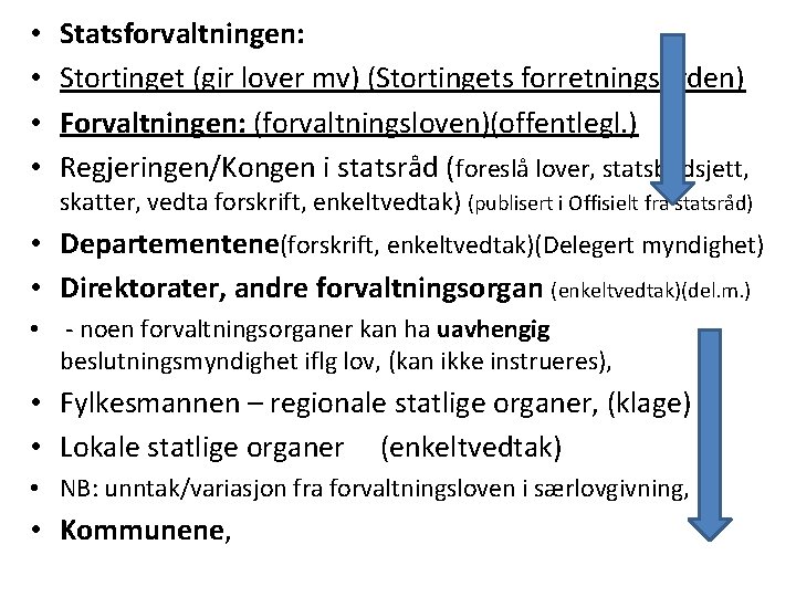  • • Statsforvaltningen: Stortinget (gir lover mv) (Stortingets forretningsorden) Forvaltningen: (forvaltningsloven)(offentlegl. ) Regjeringen/Kongen