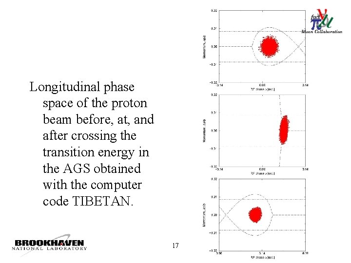 Longitudinal phase space of the proton beam before, at, and after crossing the transition