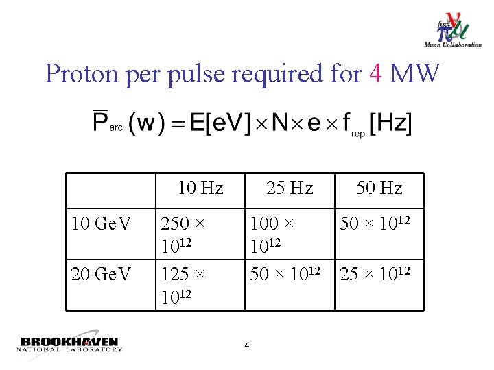 Proton per pulse required for 4 MW 10 Hz 10 Ge. V 25 Hz