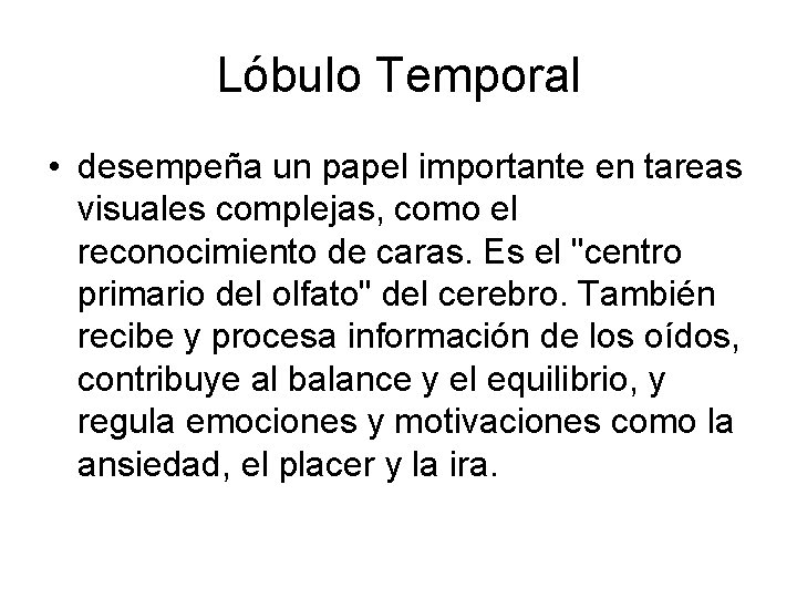 Lóbulo Temporal • desempeña un papel importante en tareas visuales complejas, como el reconocimiento