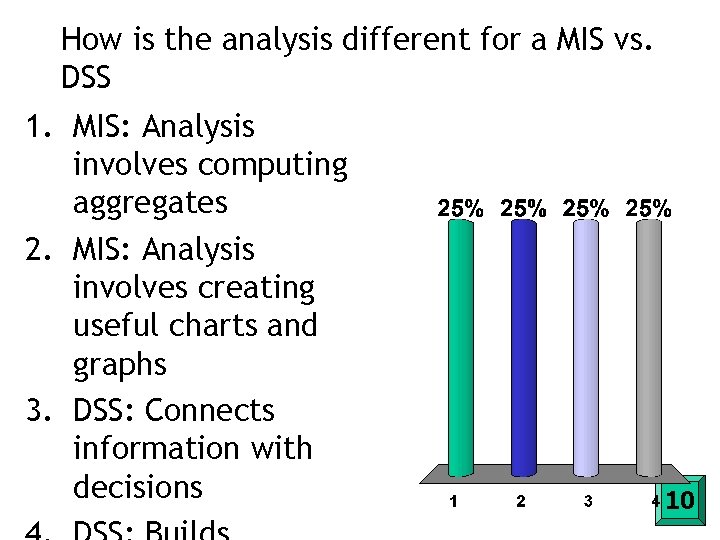 How is the analysis different for a MIS vs. DSS 1. MIS: Analysis involves