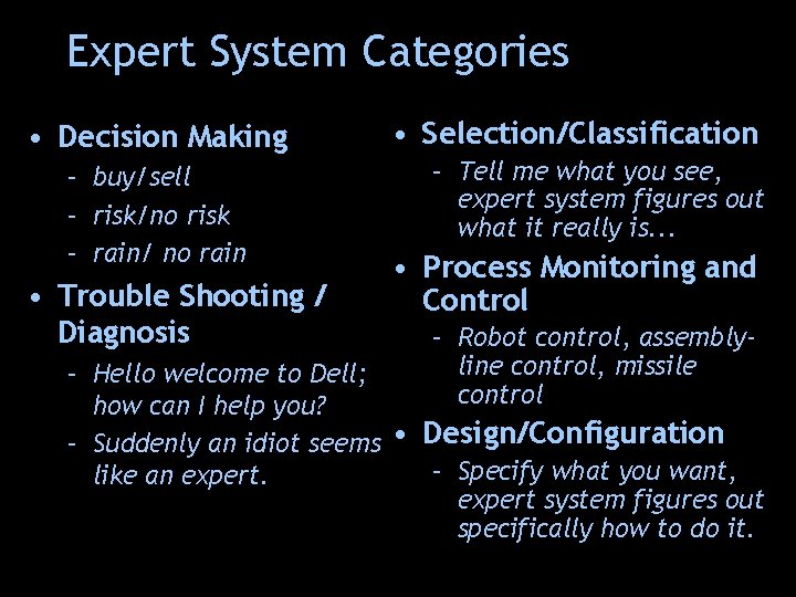 Expert System Categories • Decision Making – buy/sell – risk/no risk – rain/ no