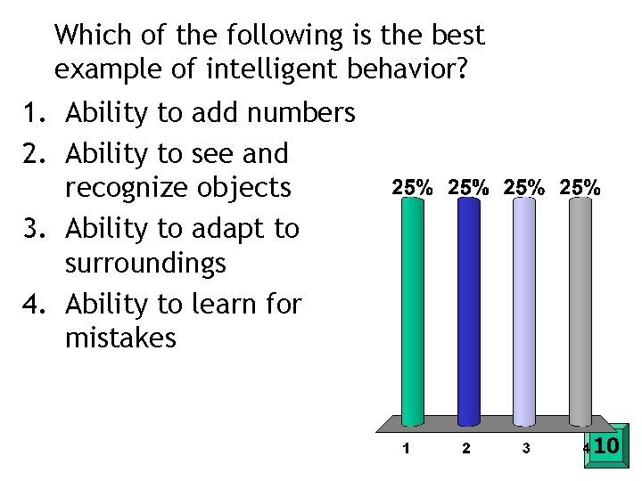 Which of the following is the best example of intelligent behavior? 1. Ability to