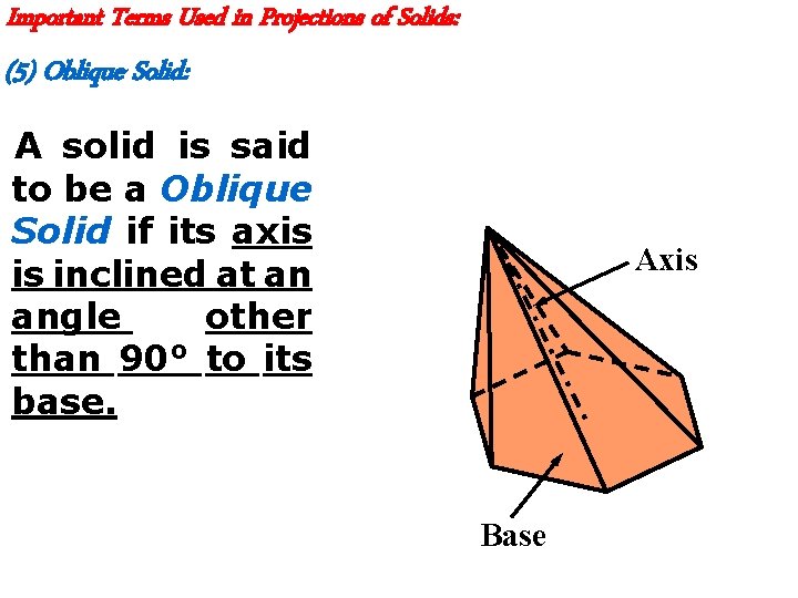 Important Terms Used in Projections of Solids: (5) Oblique Solid: A solid is said