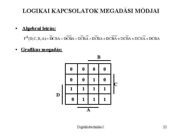 LOGIKAI KAPCSOLATOK MEGADÁSI MÓDJAI • Algebrai leírás: • Grafikus megadás: B D 0 0