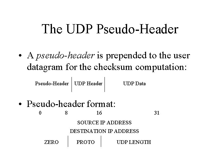 The UDP Pseudo-Header • A pseudo-header is prepended to the user datagram for the