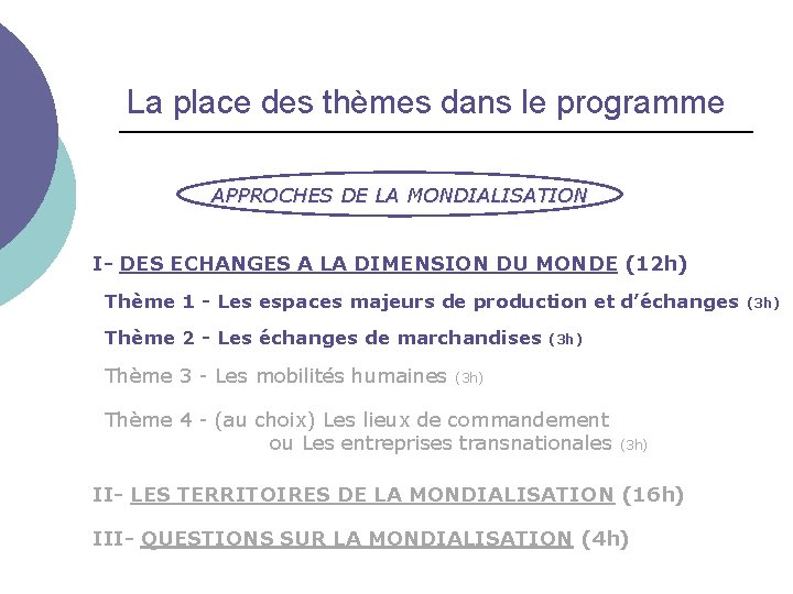 La place des thèmes dans le programme APPROCHES DE LA MONDIALISATION I- DES ECHANGES