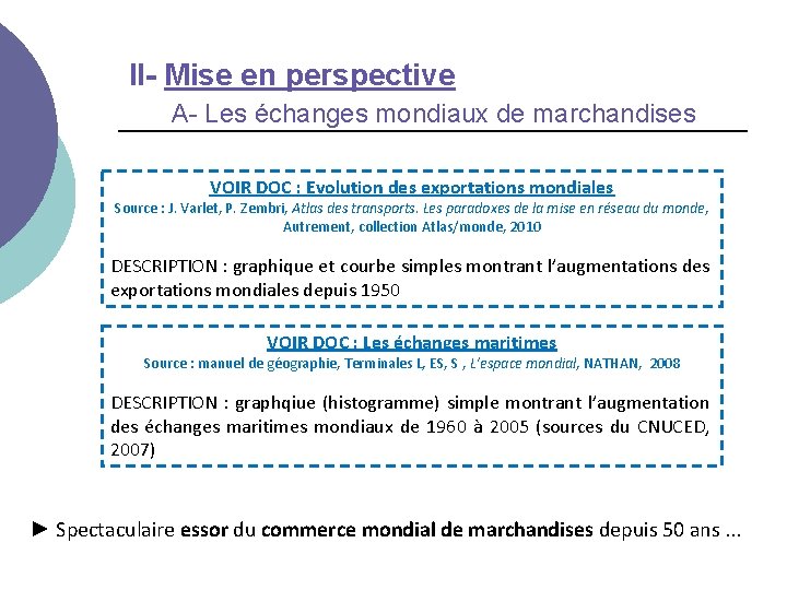 II- Mise en perspective A- Les échanges mondiaux de marchandises VOIR DOC : Evolution