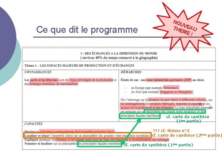 Ce que dit le programme NOU V THE EAU ME ! cf. carte de