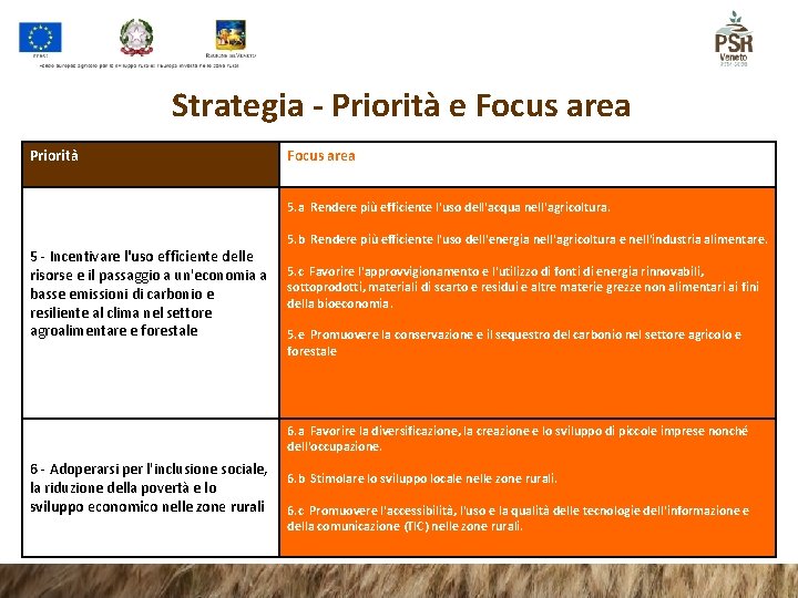 Strategia - Priorità e Focus area Priorità Focus area 5. a Rendere più efficiente