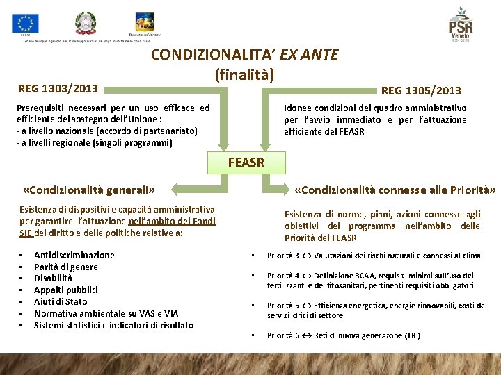 REG 1303/2013 CONDIZIONALITA’ EX ANTE (finalità) Prerequisiti necessari per un uso efficace ed efficiente